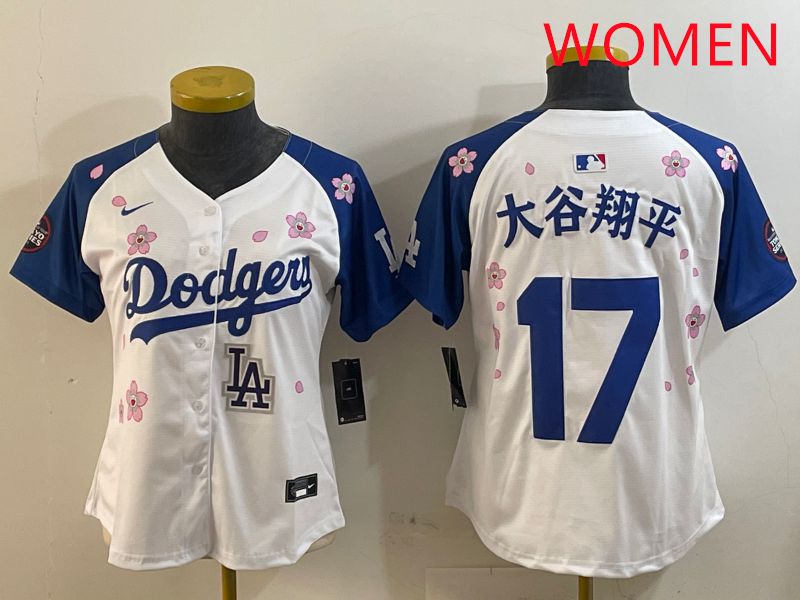 Women Los Angeles Dodgers #17 Ohtani White Blue Sakura Edition 2025 Nike MLB Jersey style 10->women mlb jersey->Women Jersey